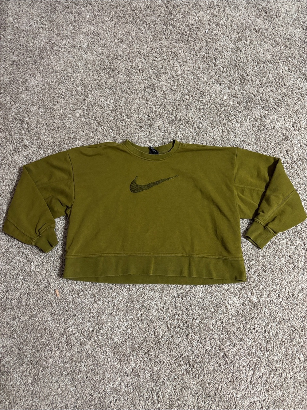 Nike Olive Cropped Crewneck Sweatshirt with Swoosh